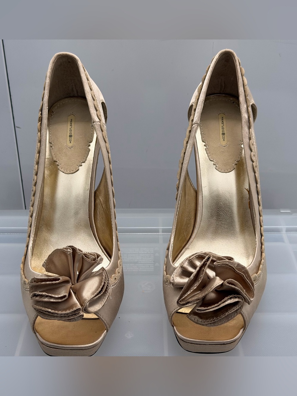 Max Studio Champagne Satin Peep-Toe Heels with Rosette
